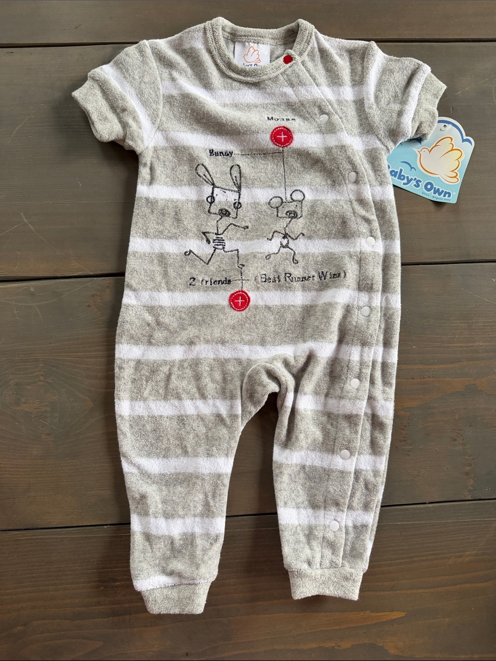 Gray & White Striped Footed One-Piece with Playful Rabbit Graphic